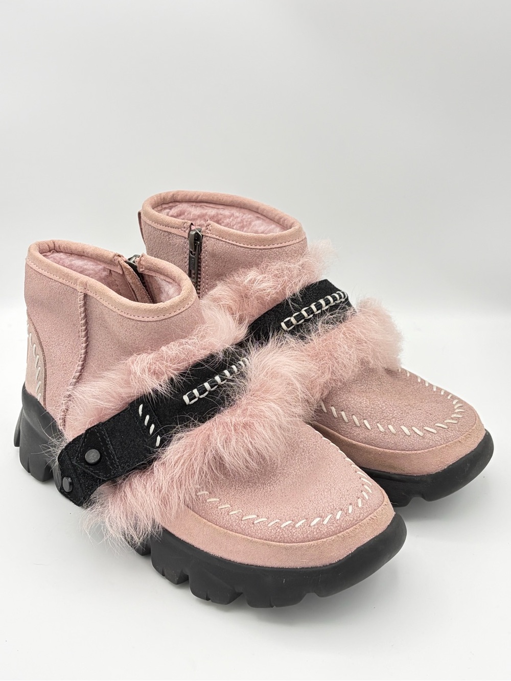Ugg Fluff Punk, Suede and Wool Boot in Pink and Black, Size 6